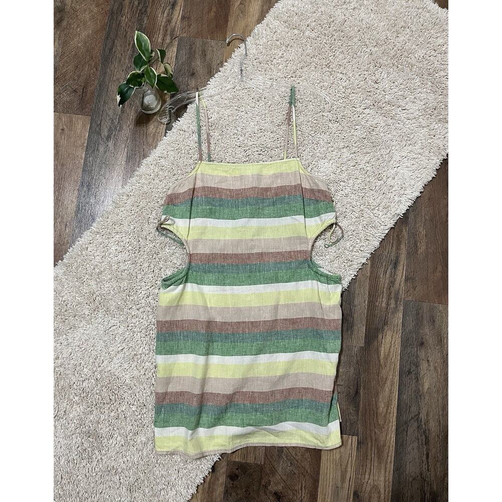Aerie Small Striped Linen Blend Square Neck Smocked Tie Detail Cutout Mini Dress